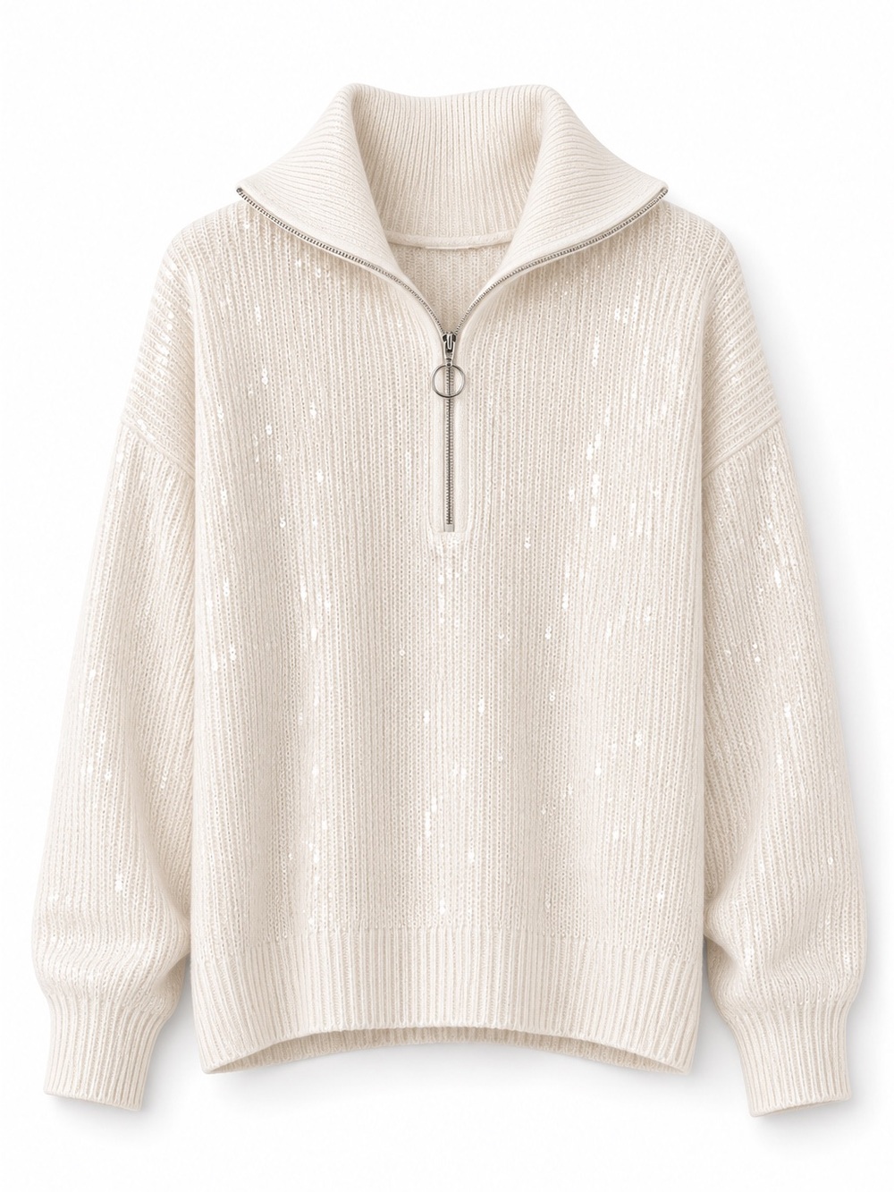 ZARA Sequin Half Zip Sweater M Ivory White Y2K Old Money Fall